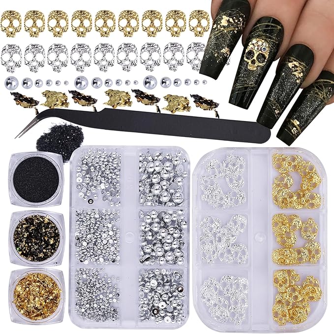 Halloween Nail Charms Beads Kits 6PCS Gold Silver Skull Alloy Nail Art Jewelry Halloween DIY Rhinestones Silvery Half Round Pearls Gems with Tweezers Foils Manicure Nail Art Decoration Accessories - sugar skull nail art
