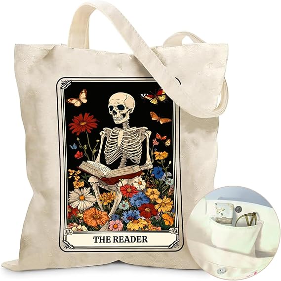 Aesthetic Canvas Tote Bag for Women - with Magnetic Snap Closure & Zipper Inner Pocket Reusable Totes Bag - canvas sugar skull tote bag
