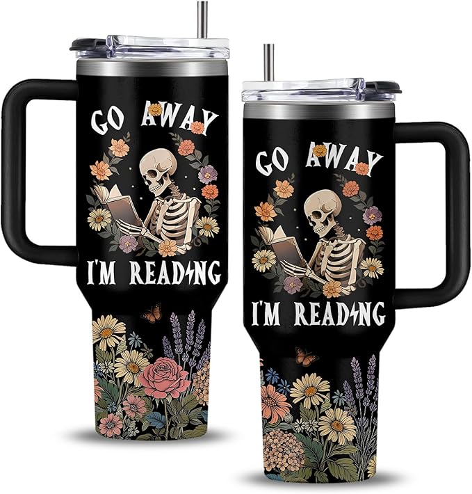 Skull Floral Tumbler 40oz with Lid & Straw - Go Away I'm Reading Skeleton Reading Gifts, Halloween Christmas Ghostface Decoration Horror Gifts Idea for Men Women Gothic Skulls - sugar skull tumbler with straw