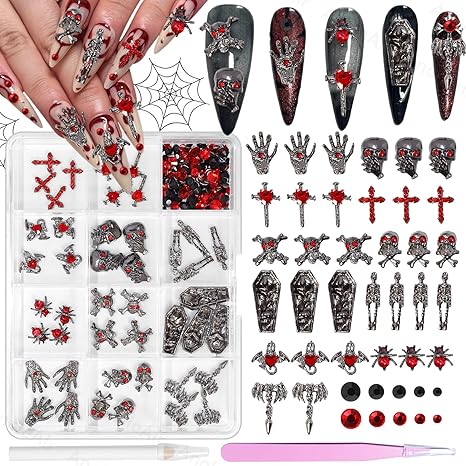 Halloween Nail Charms and Gems, Mixed Cross Spider Skull Hands Tombstone Dark Ghost Alloy Punk Halloween Charms for Nails, Black Red Gems Rhinestones for Acrylic Nail Art DIY Supplies - sugar skull nail art