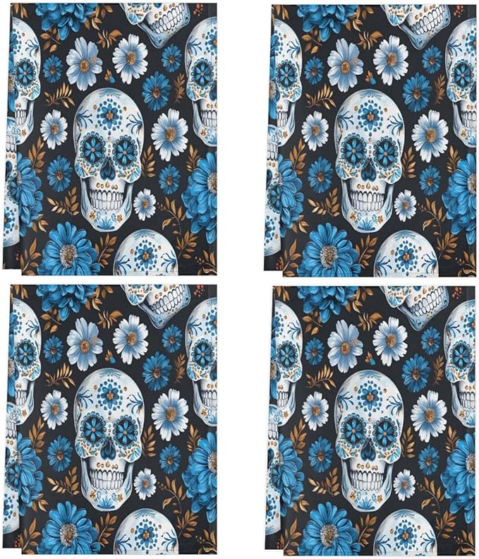 Skull Kitchen Towels Set of 4 Day of The Dead Sugar Skull Soft and Super Absorbent Dish Drying Cloth Tea Hand Towel for Kitchen Bathroom Home, 18 x 28 Inch - sugar skull beach towel