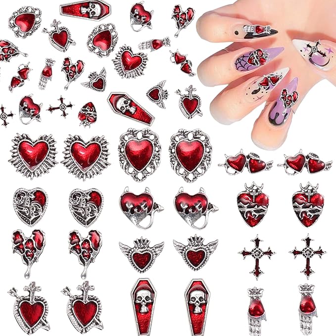 24 Pcs Halloween Nail Charms and Gems, Heart Skull Tombstone Cross Palm Halloween Alloy Nail Charms and Rhinestones, 3D Silver Gothic Metal Nails Charm for Arylic Nails DIY Crafts - sugar skull nail art