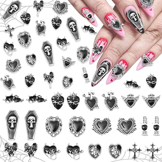 24 Pcs Halloween Nail Charms, Chrome Gem Nail Charms 3D Metal Gothic Heart Nails Art Charm, Assorted Black Tombstone Cross Heart Gothic Halloween Charm for Acrylic Nails Art DIY Accessories - sugar skull nail art