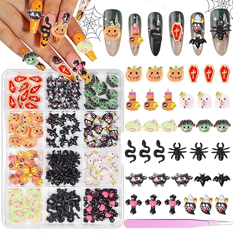 3D Halloween Nail Charms, Cross Spider Skull Tombstone Dark Halloween Resin Charm, Black Resin Clown Cute Gothic Halloween Mini Figurines Charms for Acrylic Nail Art DIY Supplies with Pickup Tools - sugar skull nail art
