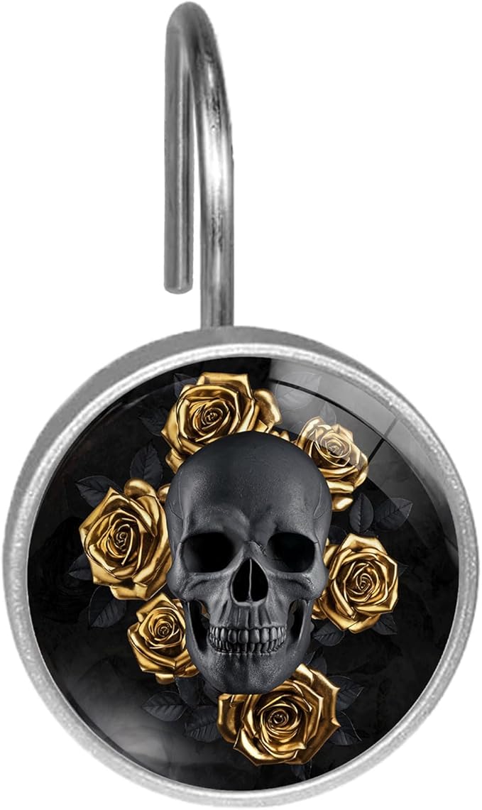 Black Skull with Gold Roses Shower Curtain Hooks Set of 12 Rustproof Metal Decorative Shower Hooks for Curtains Rods Shower Curtain Rings for Bathroom Living Room Bedroom - sugar skull shower curtain set