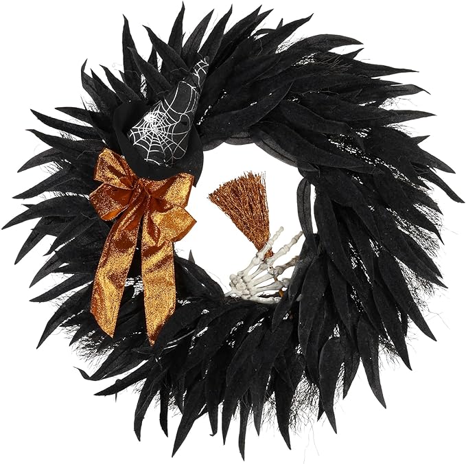 Black Wreaths for Front Door, 26inch Door Wreath, There is a Golden Bow on This Wreath, for Wall, Window, Door, Garden and Offices Decor. (Black) - sugar skull wreath for front door