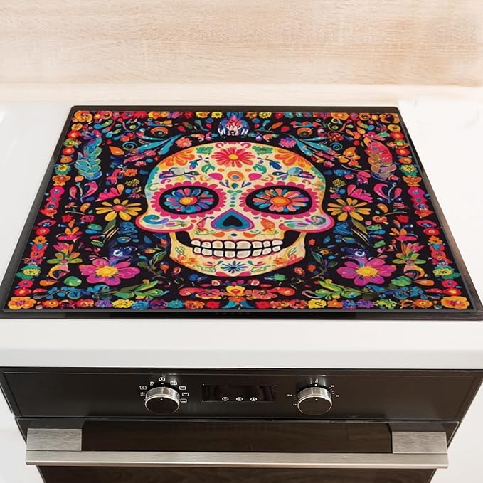 Silicone Stove Mat for Glass Top Stove, Sugar Skull In The Style Of Mexican Electric Stove Cover Mat, 28 x 20 Inch Heat - Resistant Gas Gtove Burner Covers Glass Stove Top Protector - sugar skull wine glass