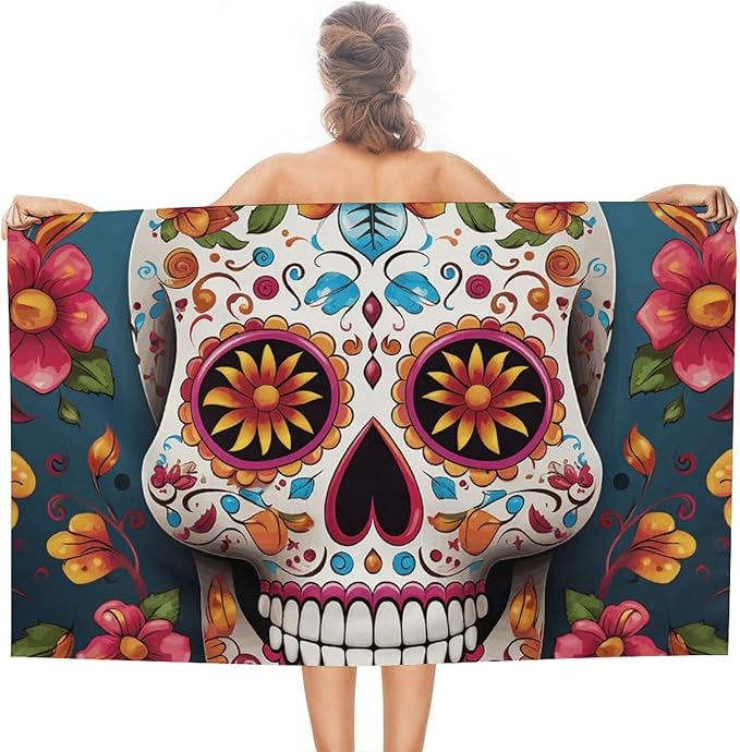 Colorful Sugar Skull Beach Towels Oversized 51x31 Inch Quick Dry Bath Towels Sand Free Pool Towel Super Absorbent Travel Turkish Towel for Adults Personalized Bath Sheet Lightweight - sugar skull beach towel
