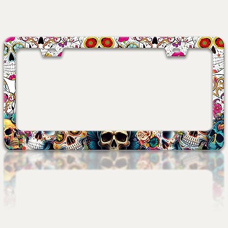 Sugar Skull License Plate Frame Skeleton Flowers License Plate Holders Funny Stainless Steel Auto Accessory Bracket 2 Hole with Screws Universal Us Car License Plate Frames 6x12 Inch for Women Men - sugar skull plates set