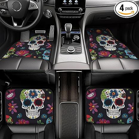 Car Floor Mats Heavy Duty Non-Slip Car Carpet Mats Full Set All Weather Front Rear Car Floor Foot Mat Flower Cactus Sugar Skull Floor Mat for Cars Heel Pad Universal Car Accessories - sugar skull car floor mats