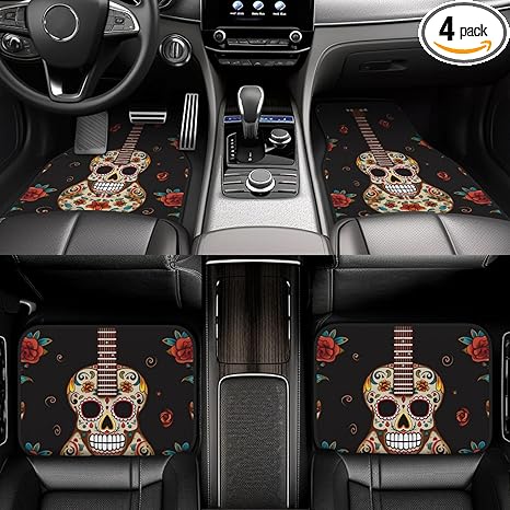 Car Floor Mats Heavy Duty Non-Slip Car Carpet Mats Full Set All Weather Front Rear Car Floor Foot Mat Guitar Pepper Sugar Skull Floor Mat for Cars Heel Pad Universal Car Accessories - sugar skull car floor mats