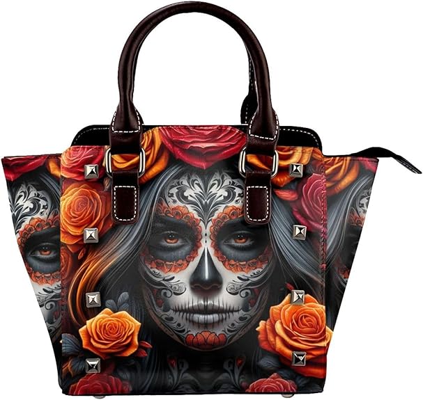 Sugar-Skull-Face-Roses Pu Leather Crossbody Studded Bag, Fashionable Shoulder Handbag With Detachable Shoulder Strap - sugar skull handbags for sale