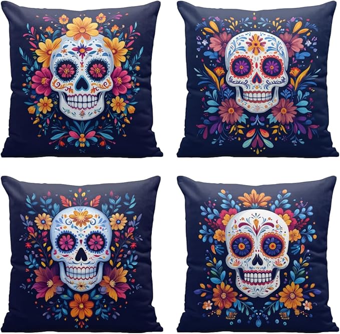 Sugar Skull Pillow Covers 18x18 Inch Set of 4, Cute Floral Colorful Flower Farmhouse Throw Pillows Cover Sofa Couch Pillow Cases for Farmhouse Indoor Home Decor Decorations - sugar skull throw pillow
