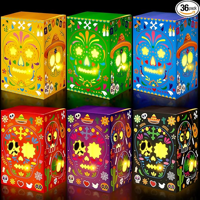 36PCS Day of The Dead Decorations Sugar Skull Candles Holders Boxes Dia De Los Muertos Altar Ofrenda Decorative Paper Box Decor, 6 Styles - sugar skull christmas ornament