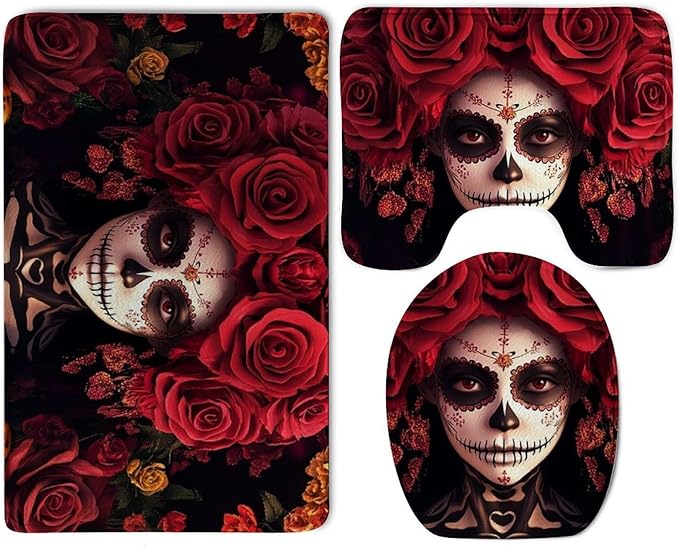 Bathroom Rugs Sets 3 Pieces Day of Dead Halloween Roses Sugar Skulls Floor Mat, Absorbent Quick Drying U-Shaped Contour Mat Toilet Lid Cover - sugar skull floor mat