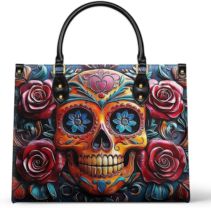 Vivid Skull Roses Satchel Handbags For Women, Aesthetic Skull Gothic Purses for Women Tote Bag with Zipper, Sugar Skull Chic Shoulder Satchel Bag with Top Handle/Shoulder Strap for Ladies, Flower Gift for Skull Lover Her - sugar skull handbags for sale