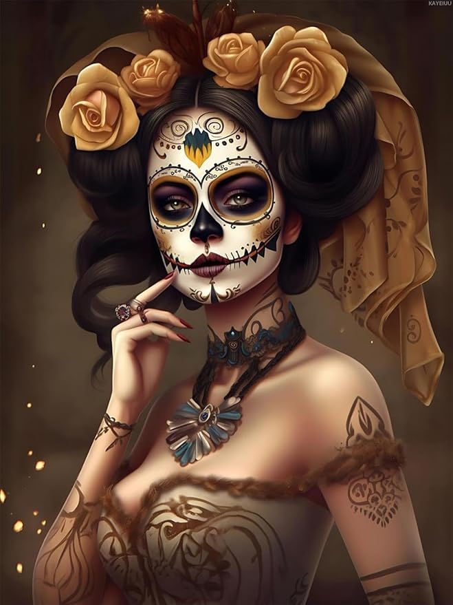 Golden Sugar Skull Diamond Painting, Sugar Skull Diamond Painting Kits, 5D DIY Diamond Painting Kits for Adults Diamond Art, for Room Home Wall Decor Gift 12x16 inch - sugar skull canvas wall art