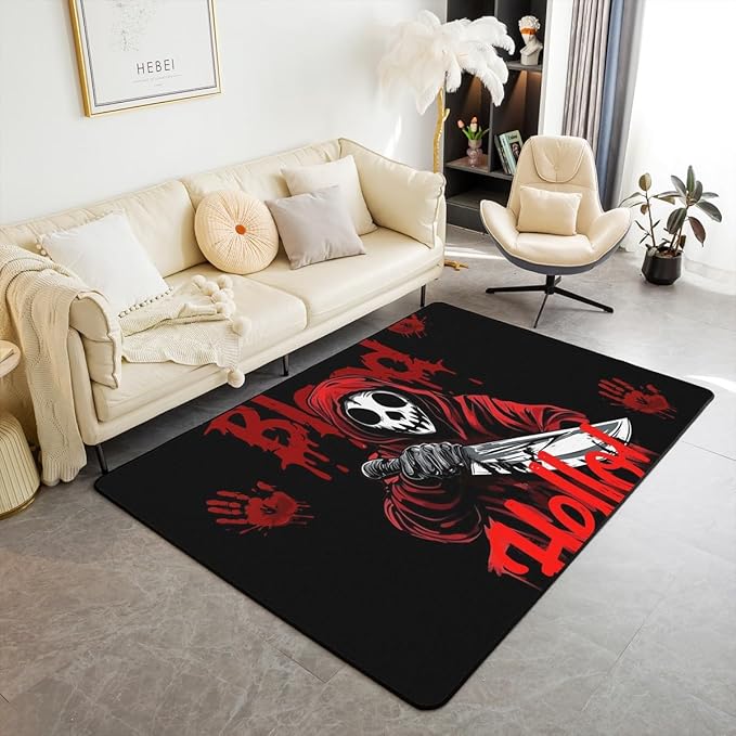 Halloween Area Rugs,Sugar Skull Indoor Floor Mat Entrance Rug,Kids Girls Boys Teens Horror Red Black Carpet Trippy Graffiti Tie-dye Living Room Bedroom Decor,5x6'6'' - sugar skull area rug