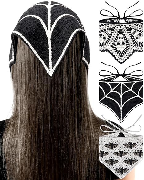 3 Pcs Gothic Crochet Cotton Headbands Halloween Hair Bat Skull Spiderweb Triangle Headscarf for Women Decoration - sugar skull flower crown