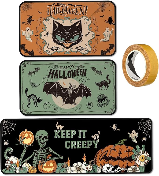 SATINIOR 3 Pcs Gothic Skeleton Kitchen Rug and Mat Set Gothic Kitchen Decor Anti-Fatigue Non Slip Black Bat Cat Floor Mats Washable Door Mat Spooky Ghost Decor for Floor Carpets Home - sugar skull floor mat
