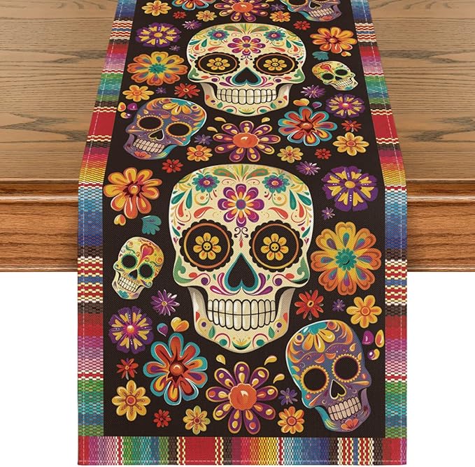 Artoid Mode Flowers Sugar Skull Mexican Day of The Dead Table Runner, Dia De Los Muertos Kitchen Dining Table Decoration for Home Party Decor 13x60 Inch - sugar skull christmas decorations