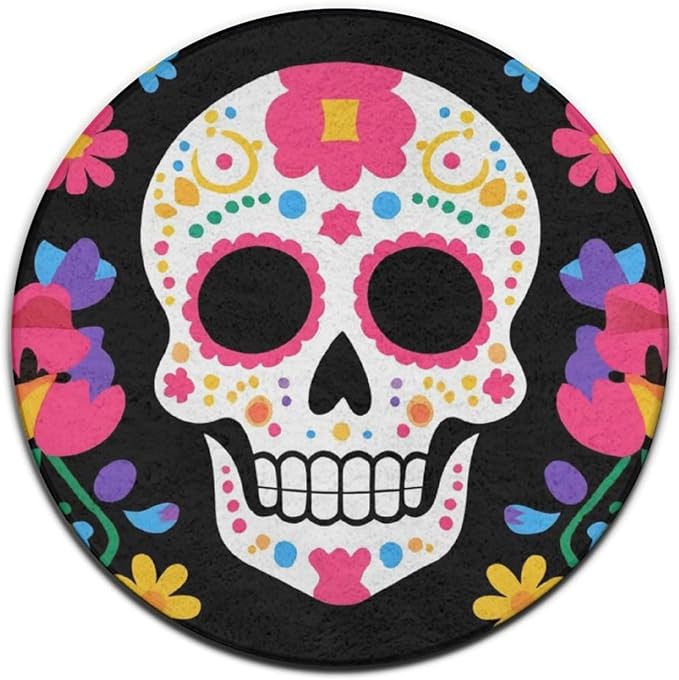 Women's Large Yoga Mat, Sofa Decor Carpet, Circle Area Rug, Washable Yoga Mat Mexican Day of Dead Flower Traditional Sugar Skull, 24inch - sugar skull yoga mat