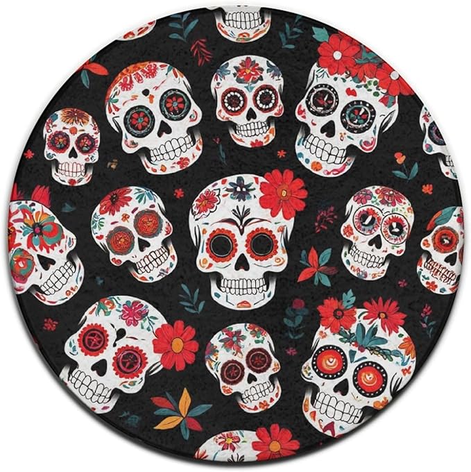 Women's Large Yoga Mat, Sofa Decor Carpet, Circle Area Rug, Washable Yoga Mat Day Dead Floral Rose Sugar Skull, 24inch - sugar skull yoga mat