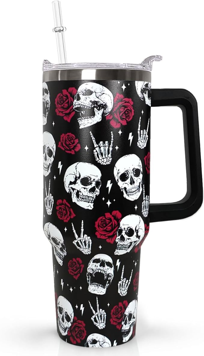 40 oz Skull Rose Coffee Mug Cup Vacuum Insulated Travel Tumbler with Handle Lid and Straw,Gothic Gifts,Styleday of the Dead Accessories Stuff - sugar skull tumbler with straw