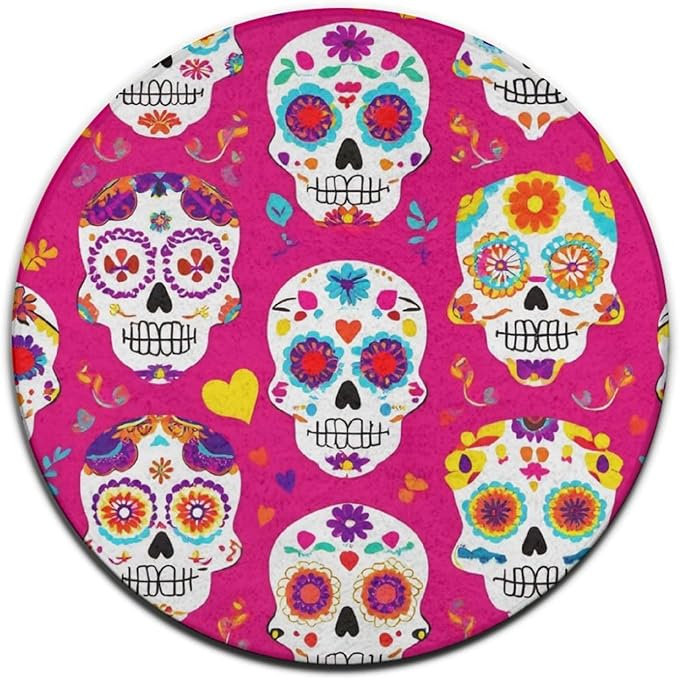 Large Round Yoga Mat, Sofa Decor Carpet, Circle Area Rug, Day Dead Mexican Sugar Skull Yoga Mat, 24inch - sugar skull yoga mat