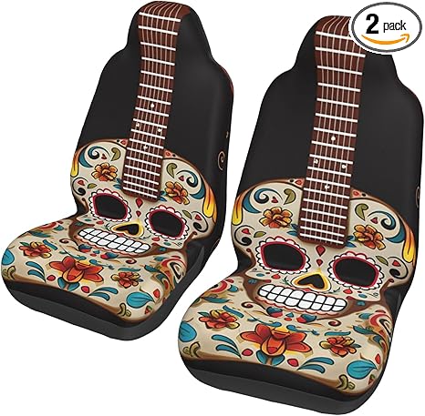 Guitar Pepper Sugar Skull Car Seat Covers Front Seats 2 Pack Washable Non-Slip Car Seat Protectors Waterproof Automotive Seat Cover Universal Seat Cushion Protector for Cars, Vans, Trucks - sugar skull car seat covers set