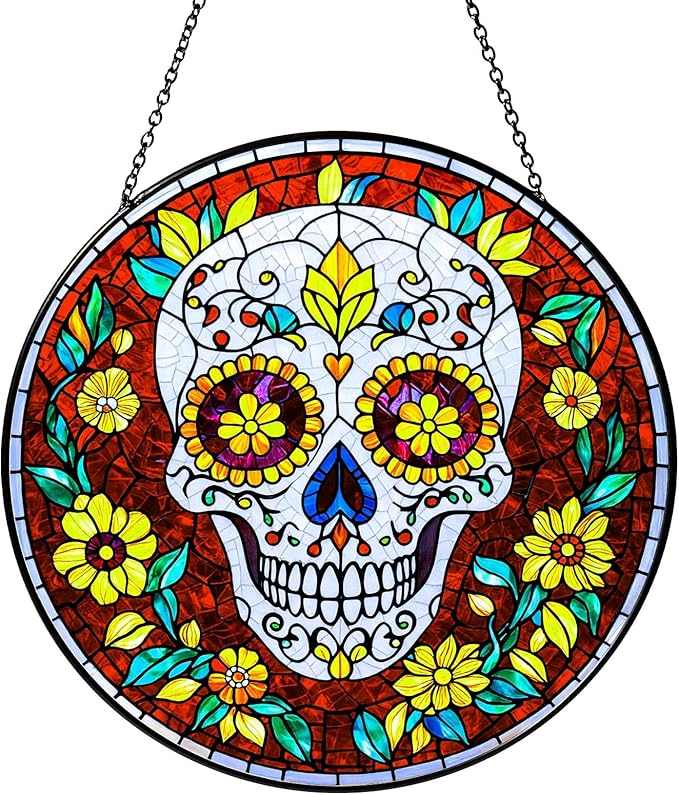 Dia De Los Muertos Sugar Skull Stained Glass Window Hanging Skull Sun Catcher Halloween Decor Halloween Home Decoration Suncatchers for Garden Home Windows Hanging, 7.87inch - sugar skull christmas ornament
