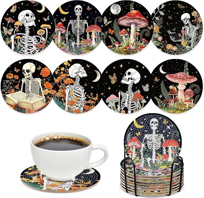 Skull Diamond Art Coasters - 8 Pcs DIY Skull Flowers Mushroom Diamond Painting Coasters Kits with Holder for Adults Beginners Gifts Halloween Crafts Supplies - sugar skull coasters set