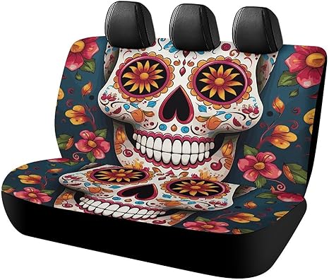 Colorful Sugar Skull Car Seat Cover, Car Non-Slip Protector for Back Seat, Durable Scratch Proof Universal Size Auto Seats Cover Fits Cars, Trucks and SUVs - sugar skull car seat covers set