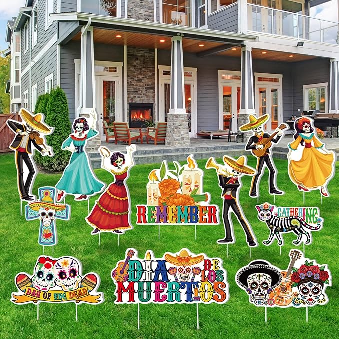 Amyhill 12 Pcs Day of the Dead Yard Decorations Halloween Outdoor Signs Decorations Dia De Los Muertos Decor Sugar Skull Sign Waterproof Mexican Fiesta Festival Party Supplies for Garden Lawn Patio - sugar skull christmas ornament