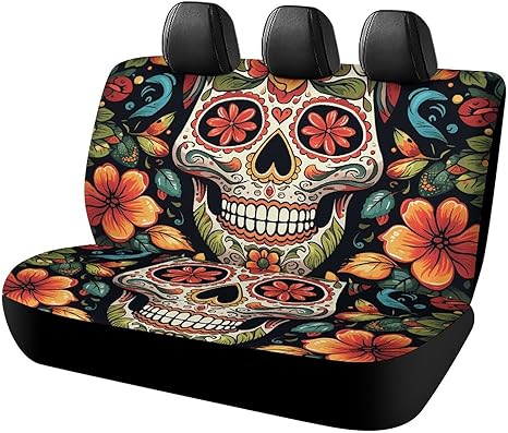 Colorful Sugar Skull Car Seat Cover, Car Non-Slip Protector for Back Seat, Durable Scratch Proof Universal Size Auto Seats Cover Fits Cars, Trucks and SUVs - sugar skull car seat covers set