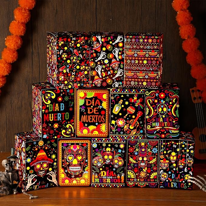 Baquler 24 Pcs Day of The Dead Party Decoration Sugar Skull Box Decor with Light Dia De Los Muertos Decorations Flameless LED Tea Lights Candles Gift Boxes for Halloween Party Outdoor Indoor Supplies - sugar skull candle holder