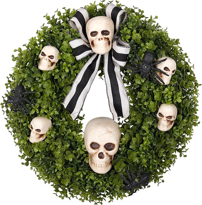 Halloween Wreath for Front Door 20 Inch, with Faux Boxwood Skull Spider - Halloween Wreath Decoration for Home, Farmhouse, Office Door Wall Indoor/Outdoor - sugar skull wreath for front door