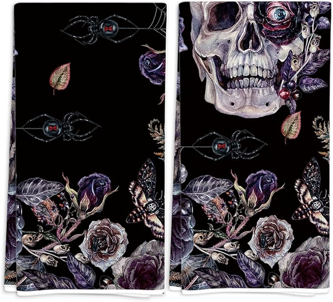 Gothic Halloween Kitchen Towels Set of 2,Gothic Skull Roses Dish Towels Goth Halloween Day of The Dead Decoration and Supplies for Home Kitchen Dining-18X26'' - sugar skull beach towel