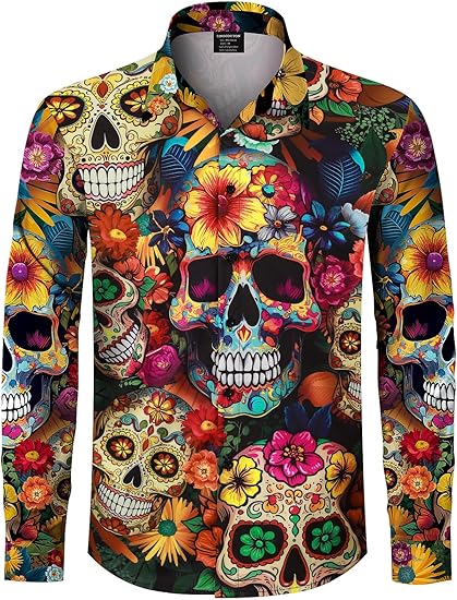LINOCOUTON - sugar skull long sleeve shirt mens