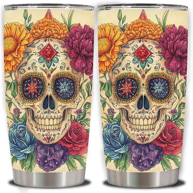 1pc 20oz Colorful Floral Sugar Skull Tumbler with lid, Stainless Steel Vacuum Insulated Double Wall Travel Cup for Men Women, Mother Day, and birthday gifts - sugar skull tumbler with straw