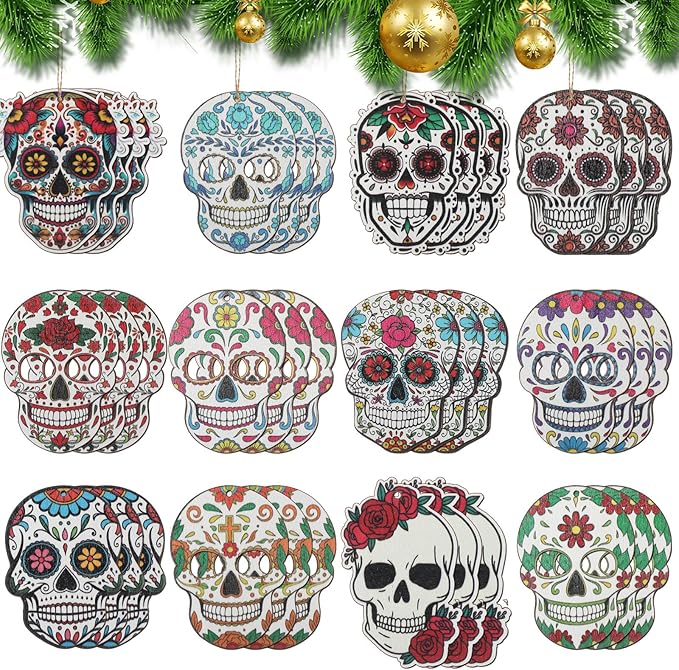 36 Pcs Sugar Skulls Ornaments for Christmas Tree Hanging Decoration Novelty Wood Double-Sided Printing Mexican Christmas Tree Skeleton Head Decor for Holiday Party Favor - sugar skull christmas ornament