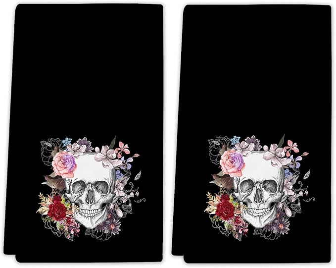 Halloween Skull Flower Kitchen Dish Towel, Black Skeleton Hand Towel, 2 PC Gothic Tea Towel Decorative for Bathroom Kitchen 18 x 26 in - sugar skull beach towel