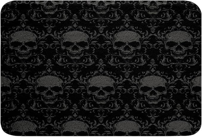 jejeloiu Sugar Skull Bathroom Rugs for Kids Boys Girls,20"x32",Bohemia Boho Bath Mats,Gothic Skull Bathroom Accessories,Gray Black Damask Floor Doormats,Luxury Flower Soft Shaggy Absorben - sugar skull toilet mat set