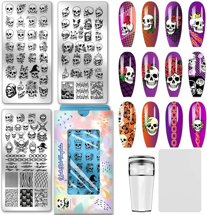 PH PandaHall 3pcs Assorted Skull Nail Stamp Plate Skull Flower Print Art Template Stainless Steel Nail Image Plate Punk Style Nails Stencil for Women Halloween DIY Printing,4.7x2.3 inch - sugar skull nail art