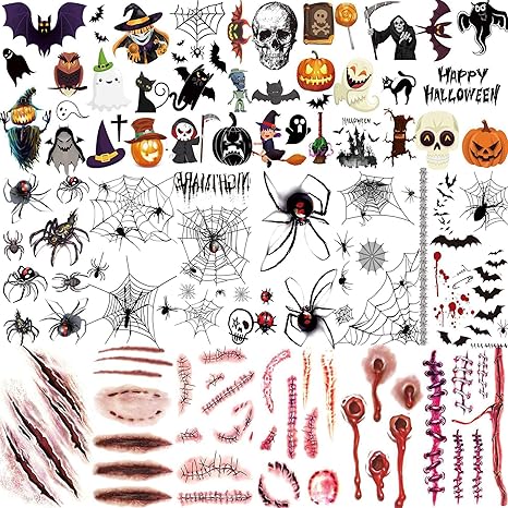 18 Sheets 3D Halloween Temporary Tattoos For Kids Women Men Adults, Realistic Spider Web Bat Witch Pumpkin Fake Scars Tattoos Sticker Ghost Zombie Halloween Face Makeup Kit Stitches Wound Blood Injury - sugar skull temporary tattoo