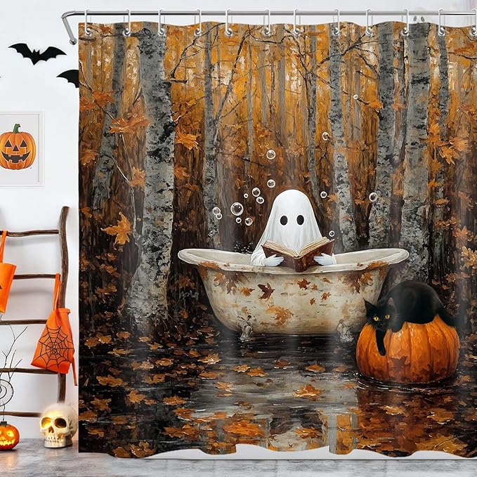 LB Fall Halloween Shower Curtain for Bathroom, Funny Black Cat with Ghost in Bathtub in Fall Forest Fabric Shower Curtain, Harvest Pumpkin Bathroom Shower Curtains Set with Hooks, 72x72 inches - sugar skull shower curtain set