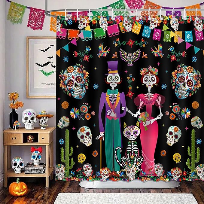Mocsicka Sugar Skull Shower Curtain Day of The Dead Mexican Skeleton Gothic Bathroom Shower Curtain Waterproof Fabric Shower Curtains Bathtub Decor with 12 Hooks 72 X 72 Inches - sugar skull shower curtain set