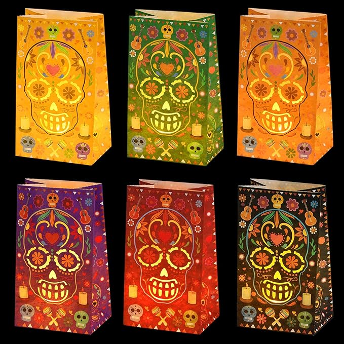 30 Pcs Dia De Los Muertos Decorations Luminary Bags, Day of The Dead Diwali Decor Flame Resistant Candle Bag - Halloween Candy Bag Mexican Fiesta Party Altar Favors Supplies - sugar skull candle holder