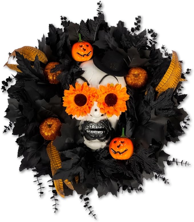 Halloween Wreath for Front Door, 20” Black Maple Leaves Wreath with Pumpkin, Feather, Door Wall Window Decoration for Halloween, Home Indoor Outdoor Front Porch Party Prom Decor - sugar skull wreath for front door