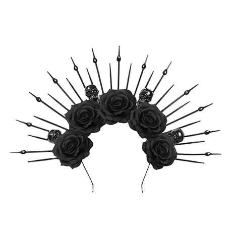 Halloween Black Rose Skull Goddess Halo Crown Headband for Women, Mexican Day of The Dead Gothic Flower Sunburst Headpiece Spiked Headdress for Halloween Carnival Party Cosplay Costume - sugar skull flower crown
